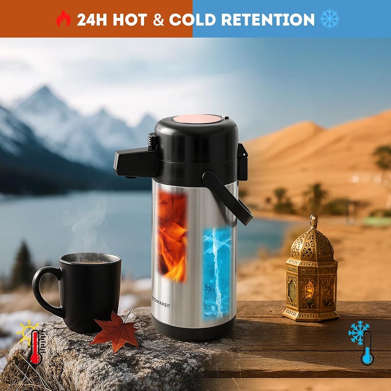  TOMAKEIT Airpot Coffee Dispenser with Pump,102 OZ/ 3L Large Coffee Dispenser with Tea Filter for Party Hot Drinks Water Tea Chocolate Hot/Cold Water, Insulated Stainless Steel Thermal Carafes - Image 2